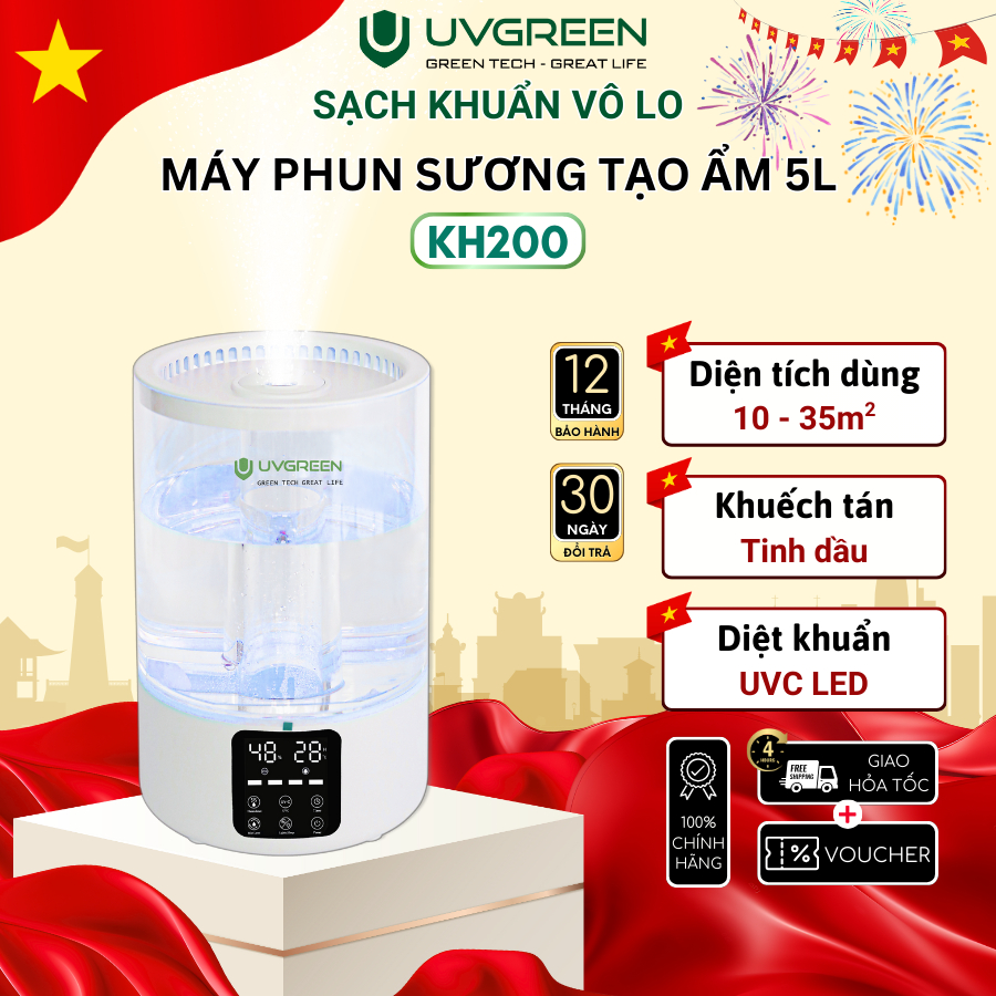 Máy Phun Sương Tạo Ẩm Không Khí UVGREEN KH200-Công nghệ kép UVC LED và đá khoáng MAIFAN BH 12T
