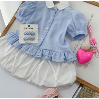   B&G   Sẵn 2,5,6,7,8,9  Sét váy áo sơ mi kẻ xanh kèm chân váy trắng bí cho bé gái đi chơi 10-45kg 