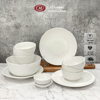 Bộ bát đĩa 12 món viền sần sứ Minh Châu trắng trơn - BO12VS