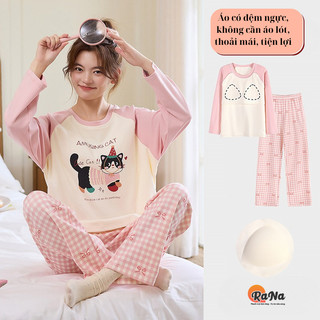  Đồ bộ mặc nhà có may sẵn mút ngực bộ đồ ngủ dài tay cotton thấm hút có giãn có thể mặc đi ra ngoài RaNa 