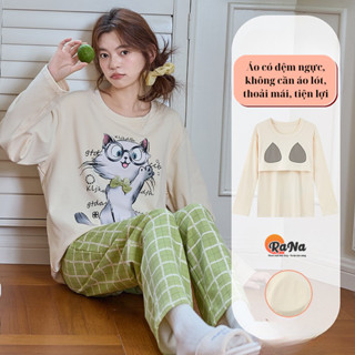 Đồ bộ mặc nhà có may sẵn mút ngực bộ đồ ngủ dài tay cotton thấm hút có giãn có thể mặc đi ra ngoài RaNa