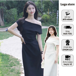 Váy lệch vai dáng dài ôm body, đầm dự tiệc sang chảnh che khuyết điểm dáng suông Logastore_L0195
