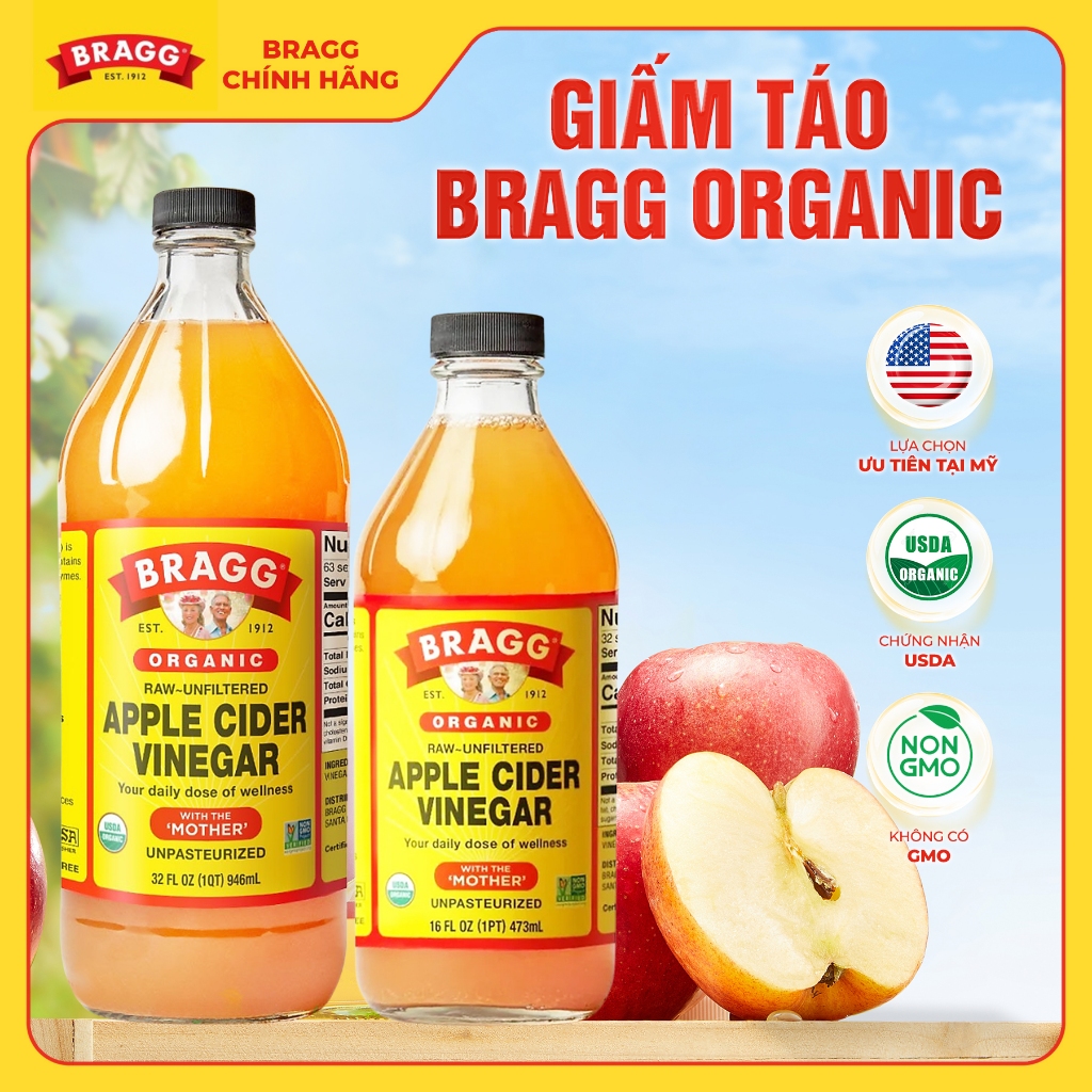 Giấm táo hữu cơ Bragg Có Giấm Cái 473ml & 946ml