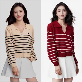  Áo len dệt kim tay dài nữ cổ bẻ polo kiểu kẻ ngang len mongtoghi mỏng mát dáng basic hàng Quảng Châu 