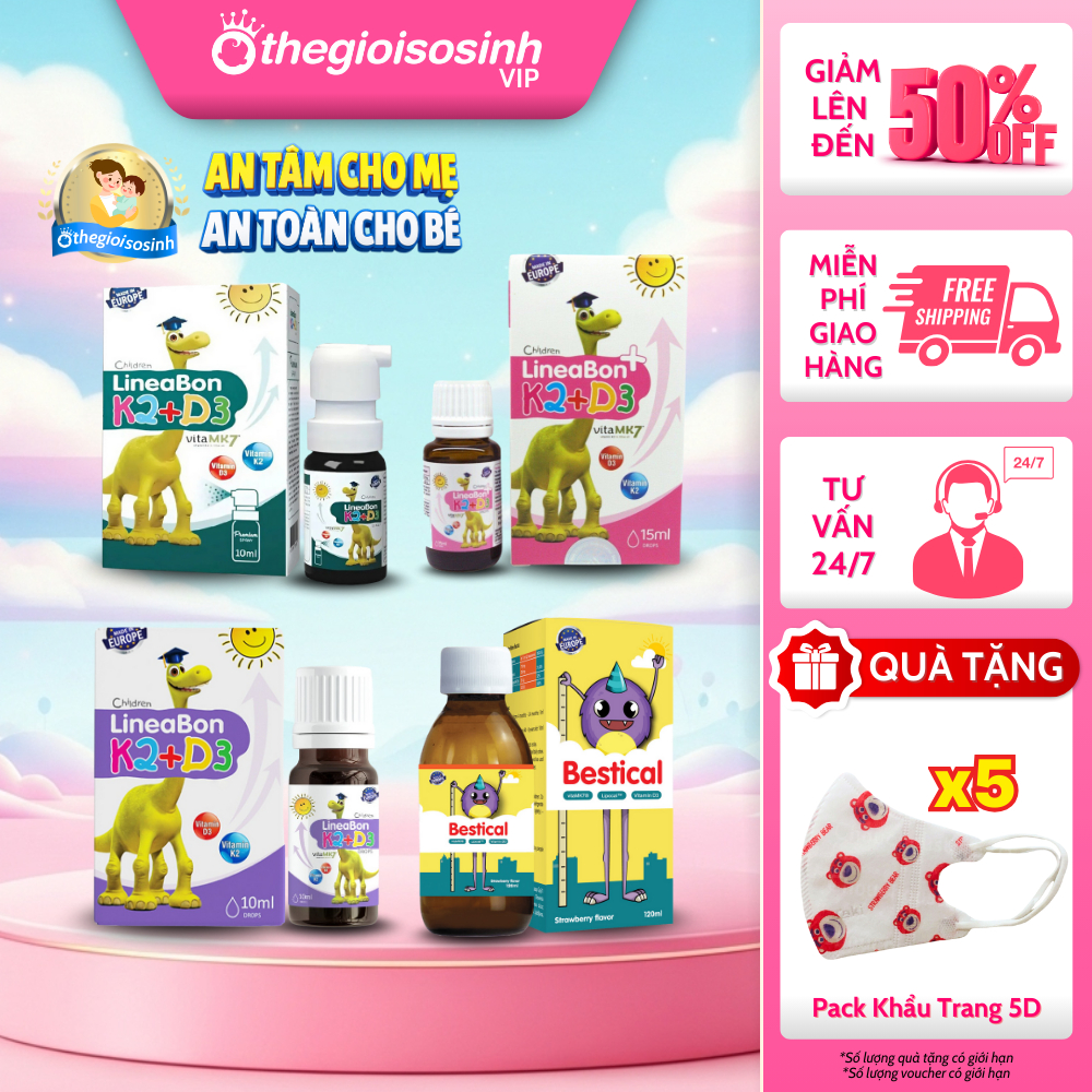 [✨XANH XỊT 285K] Bộ Canxi Bestical & D3K2 LineaBon Cho Bé – Bổ Sung Canxi, Vitamin D3 K2 MK7, Tăng Cường Phát Triển