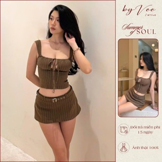 Set kaki nâu sọc đứng Ava set (Sẵn M L giao ngay)