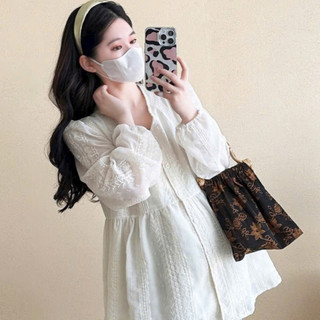Áo bầu thu đông GuMe vải thô thêu áo babydoll cổ tim áo dài tay size 40-65kg HR007