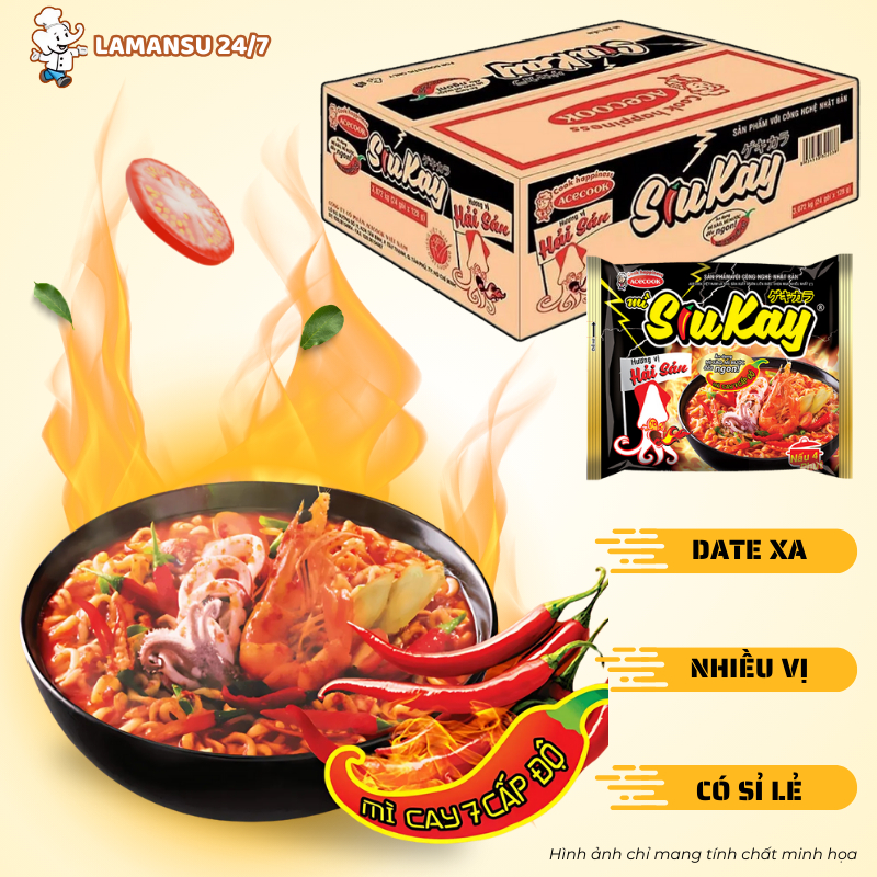   Thùng 24 Gói DATE XA  Mì SiuKay Hảo Hảo Vị Hải Sản Bò Cay - Mì cay 7 cấp độ Siêu Cay Thách thức mọi vị giác 