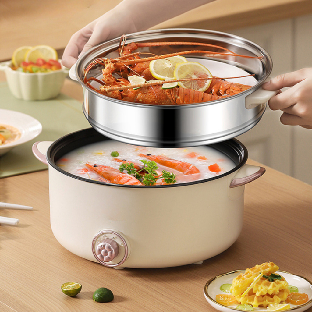 Nồi lẩu điện đa năng kèm xửng hấp inox dung tích 4l ,nồi điện đa năng công suất lớn 1000w cho gia đình