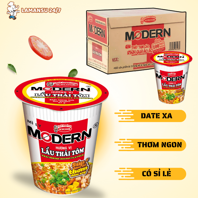  Thùng 24 ly mì Modern lẩu Thái tôm 65g tiện lợi - Lamansu 24 7 