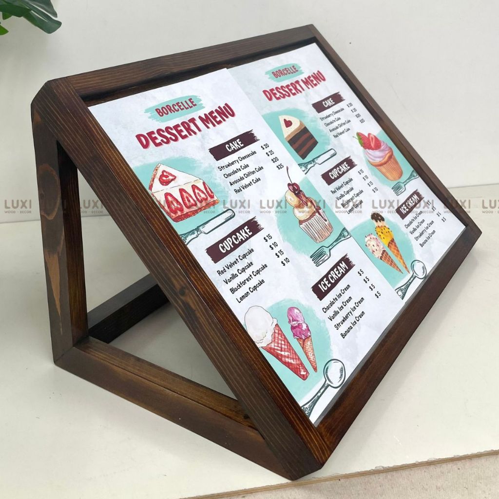 DANANG Kệ tam giác để menu tại quầy vừa giấy size A3, bảng gỗ để menu - XƯỞNG LUXI DECOR