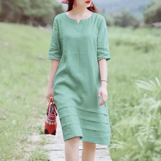 Đầm Suông Linen KT FASHION Tay Lỡ Cổ Chữ V Trơn Big Size Dress Nữ Dress Women Cotton Voi Voan Đỏ