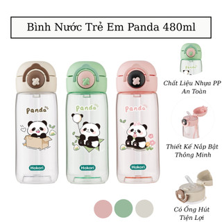 Bình nước trẻ em Panda 480ml Hokori nhựa VIỆT NHẬT - Trong suốt, chống tràn, cho bé đi học 0080