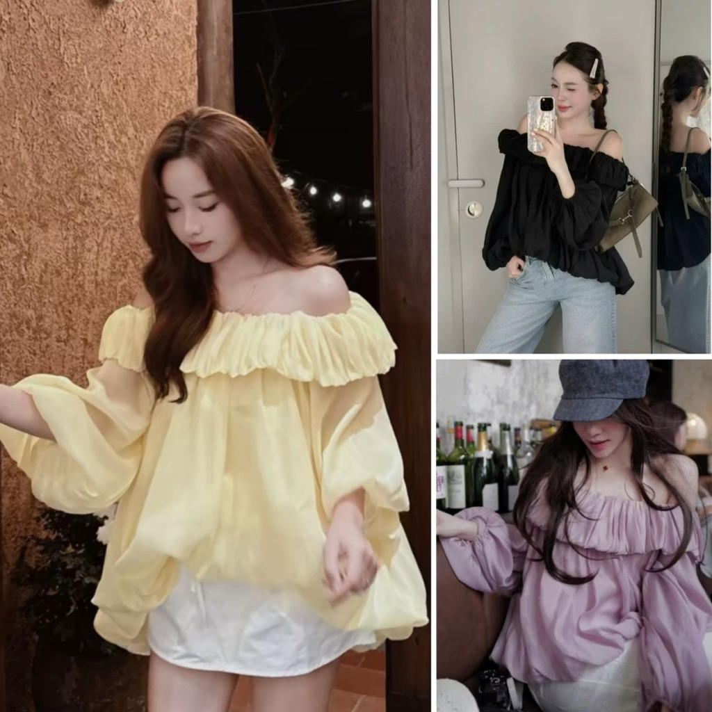    HÀNG SẴN  Áo trễ vai bí nhún bèo tay bồng chất voan tơ 2 lớp ADORA TOP 