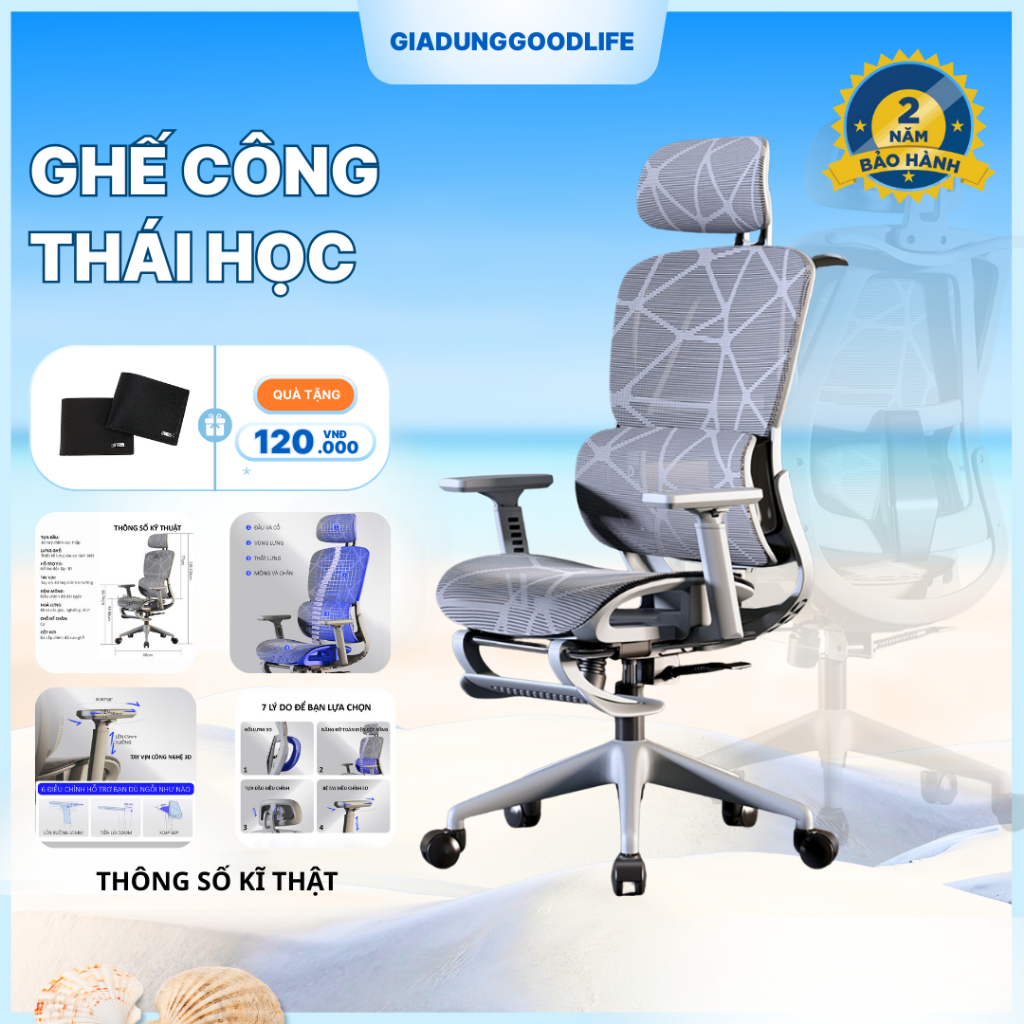 Ghế Công Thái Học tựa đầu cao cấp, ghế game xoay 360 độ hàng nhập khẩu có thể thay đổi chiều cao, kí