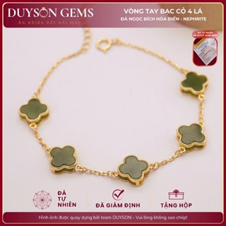  Vòng tay cỏ 4 lá ngọc bích Hòa Điền tự nhiên dây bạc Ý 925 mạ 18k Duyson Gems 