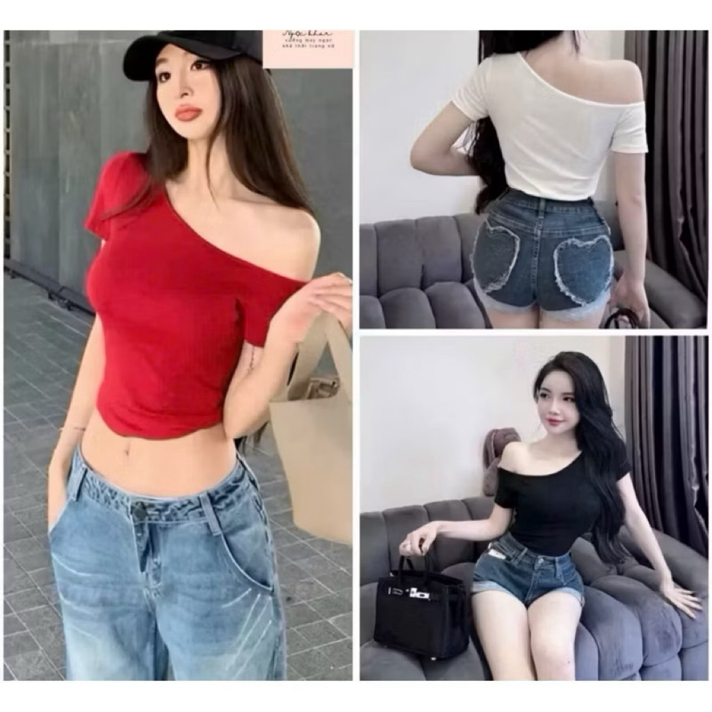 Áo croptop trễ vai ôm body tay ngắn vải thun tam lãnh co giãn phom dưới 52kg | BigBuy360 - bigbuy360.vn