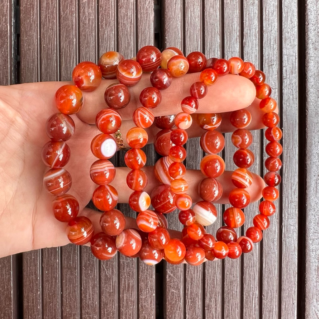 Vòng tay đá mã não thiên nhiên, Carnelian Agate (hạt 6-8-10-12mm) Red Agate. Đá năng lượng. Vòng tay