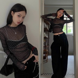   sẵn Áo voan lưới màu đen chấm bi dài tay dành cho nữ AVL002 - Tiktik 