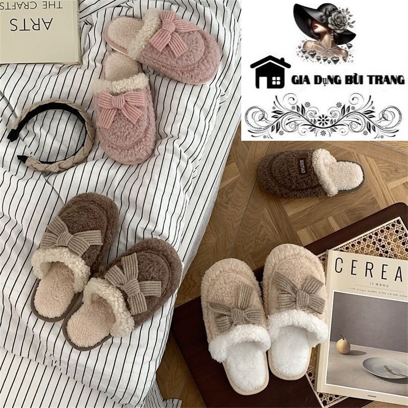 Dép (Bông Nơ) Lông Cừu Giữ Ấm Đi Trong Nhà Đế Dẻo Chống Trượt Kiểu Dáng Dễ Thương Cho Nữ (GDBT)