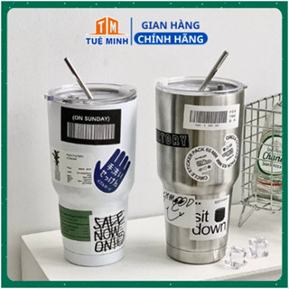Ly giữ nhiệt giấy dán inox 900ml inox 316 giữ nhiệt 8-10 tiếng tặng kèm ống hút inox