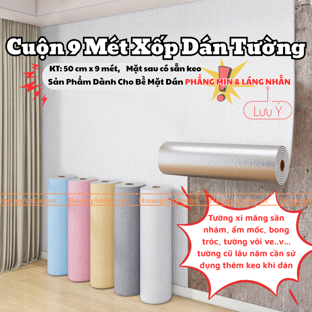 cuộn 9 mét xốp dán tường vân nhám, ngang 50 cm mặt sau có keo dán cho tường phẳng mịn và láng nhẵn | BigBuy360 - bigbuy360.vn