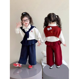  Set bộ nỉ thu đông hellokitty dài tay kèm khăn len và quần dài bo gấu viền cạp xoè dễ thương cho bé 