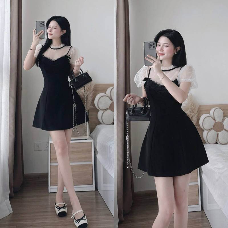 Váy Nữ Thiết Kế Viền Ren Dáng Xoè Ngắn Tay Phồng Lưới Kiểu Công Chúa Dự Tiệc Phong Cách Tiểu Thư | BigBuy360 - bigbuy360.vn