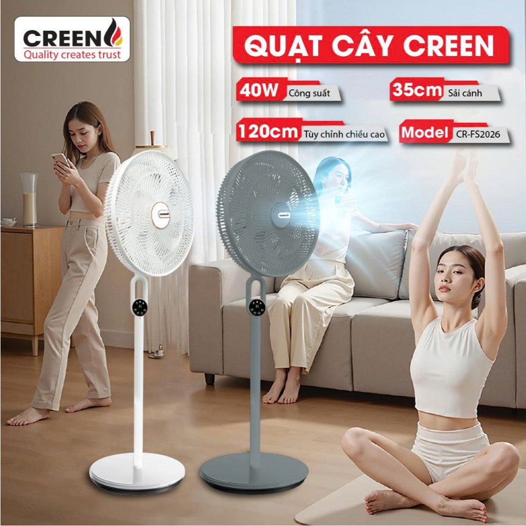 QUẠT CÂY CREEN CR-FS2026 MÀU XÁM, MÀU TRẮNG (40W - 220V)