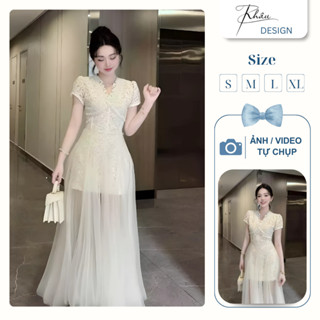 Đầm thiết kế KHÂU Design ren kem viền ngọc chân lưới sang chảnh