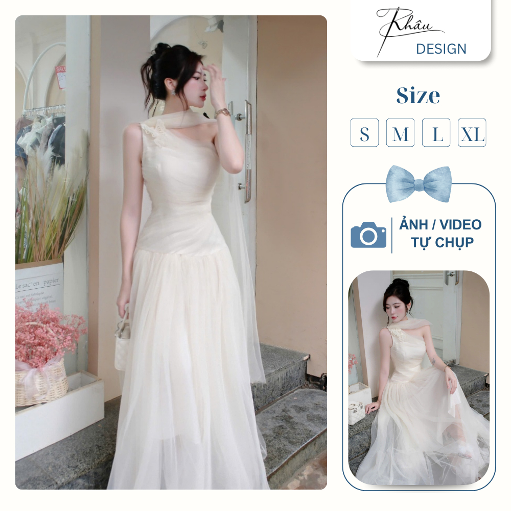  Đầm thiết kế thương hiệu Ren DESIGN by Khâu lưới kem vạt dài sang chảnh 