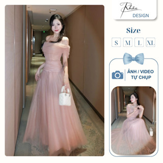 Đầm thiết kế KHÂU Design trễ vai voan lưới hồng sang chảnh