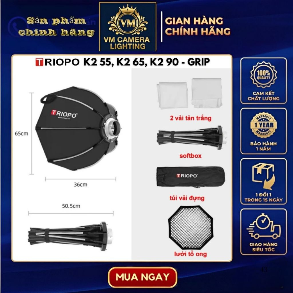 Softbox Bát Giác Triopo Thao Tác Nhanh K2 55cm ,65cm, 90cm ( Không bao gồm đèn )