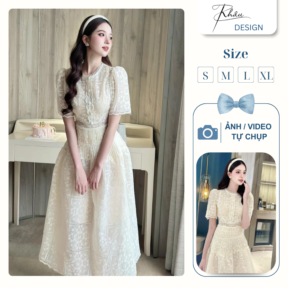  Đầm thiết kế thương hiệu Ren DESIGN by KHÂU ren cúc bọc sang chảnh phù hợp đi làm đi chơi 