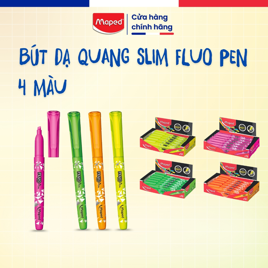 Bút Dạ Quang Slim Fluo Pen Maped - 4 Màu Tùy Chọn, Không Lem, Thương Hiệu Pháp [Chính Hãng]