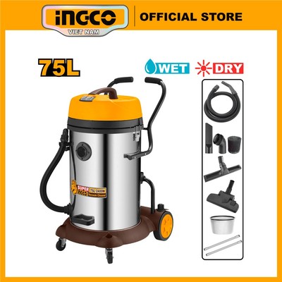 Máy hút bụi công nghiệp hút khô và hút ướt bình 75L 2x1200W INGCO VC24751 lưu lượng không khí 3CBM/phút