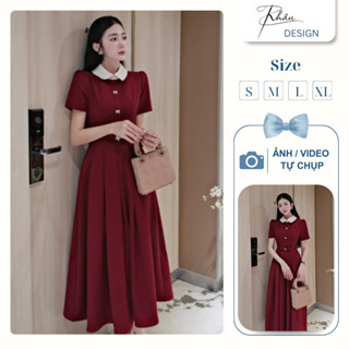 Đầm thiết kế Khâu DESIGN đỏ 3 nơ cổ kem sang chảnh