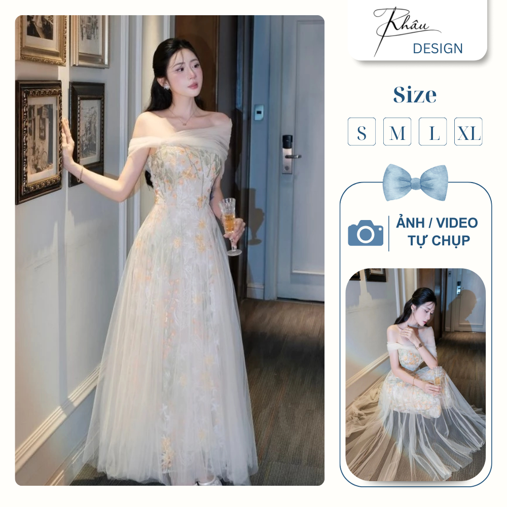 Đầm thiết kế KHÂU Design ren hoa lá xoè lưới sang chảnh