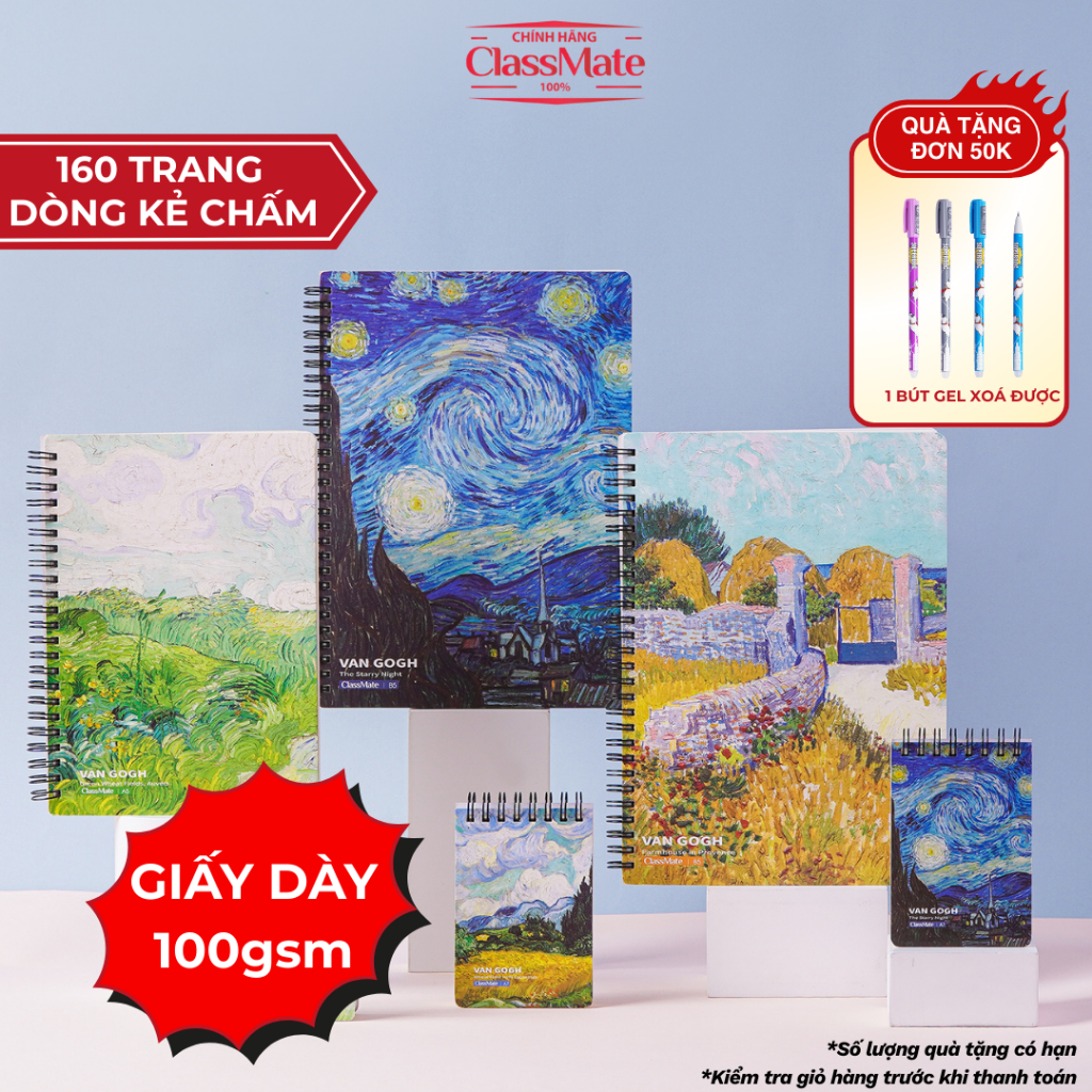 Sổ Lò Xo Van Gogh 100gsm 160 Trang, Sổ Tay A5/ B5 Giấy Kẻ Chấm Dot Grid Không Lem Mực Dùng Ghi Chép,