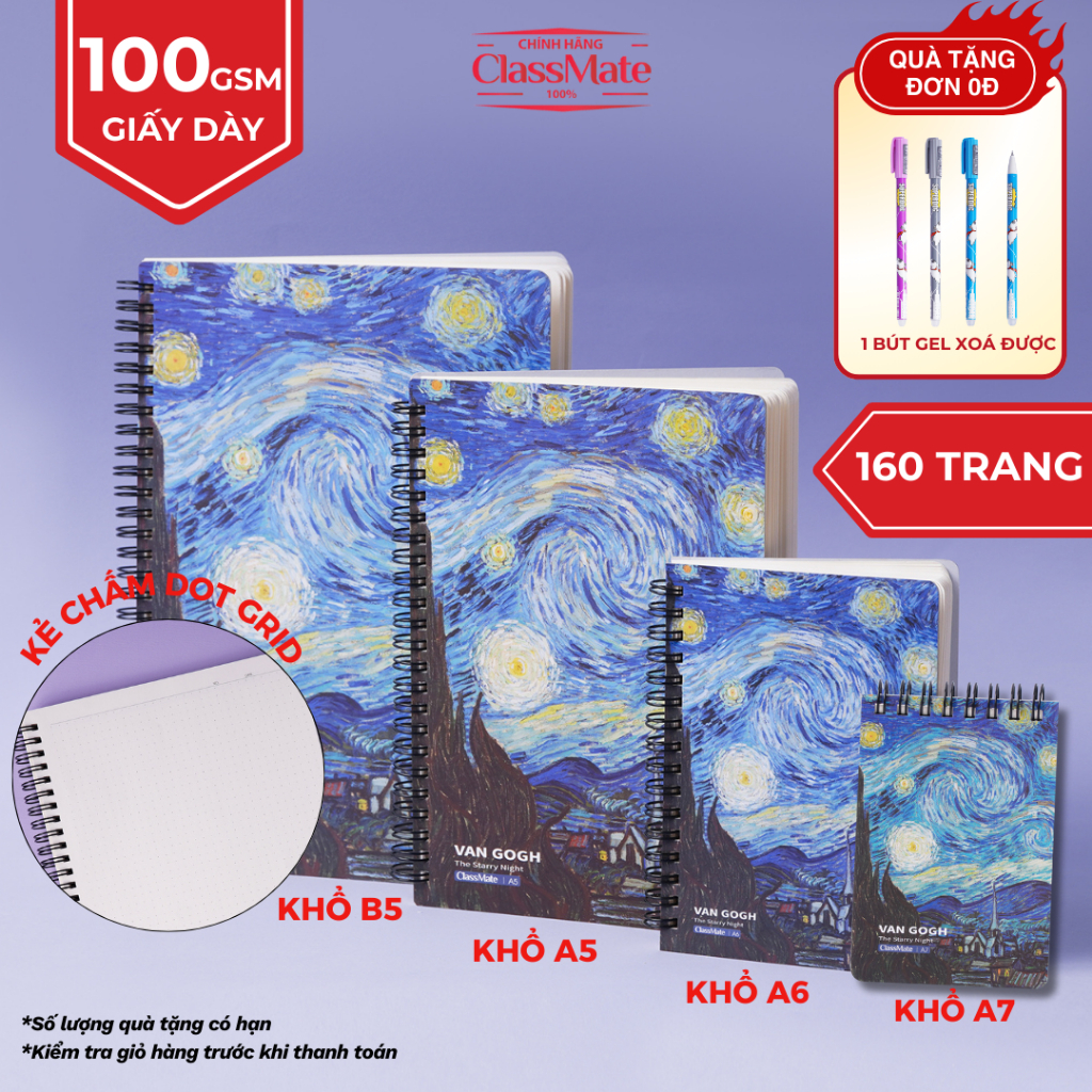 [GIẢM 5K ĐƠN 0D] Sổ Lò Xo VanGogh A5/ B5 160 Trang 100gsm, Sổ Tay Kẻ Chấm Dot Grid Dùng Ghi Chép, Ta