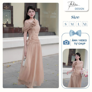 Đầm thiết kế KHÂU Design tơ nude vai lệch hoa sang chảnh