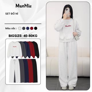 Set đồ nỉ nữ MunMiu dáng rộng bigsize thêu logo mặc ở nhà đi chơi năng động trẻ trung 145