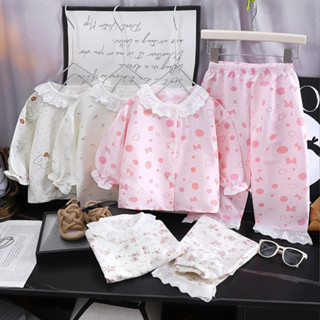 Đồ bộ pijama đũi xốp Hàn mềm mát cho bé gái cổ tròn viền ren công chúa hoa nhí gấu mặc ngủ áo dài tay quần dài trẻ em