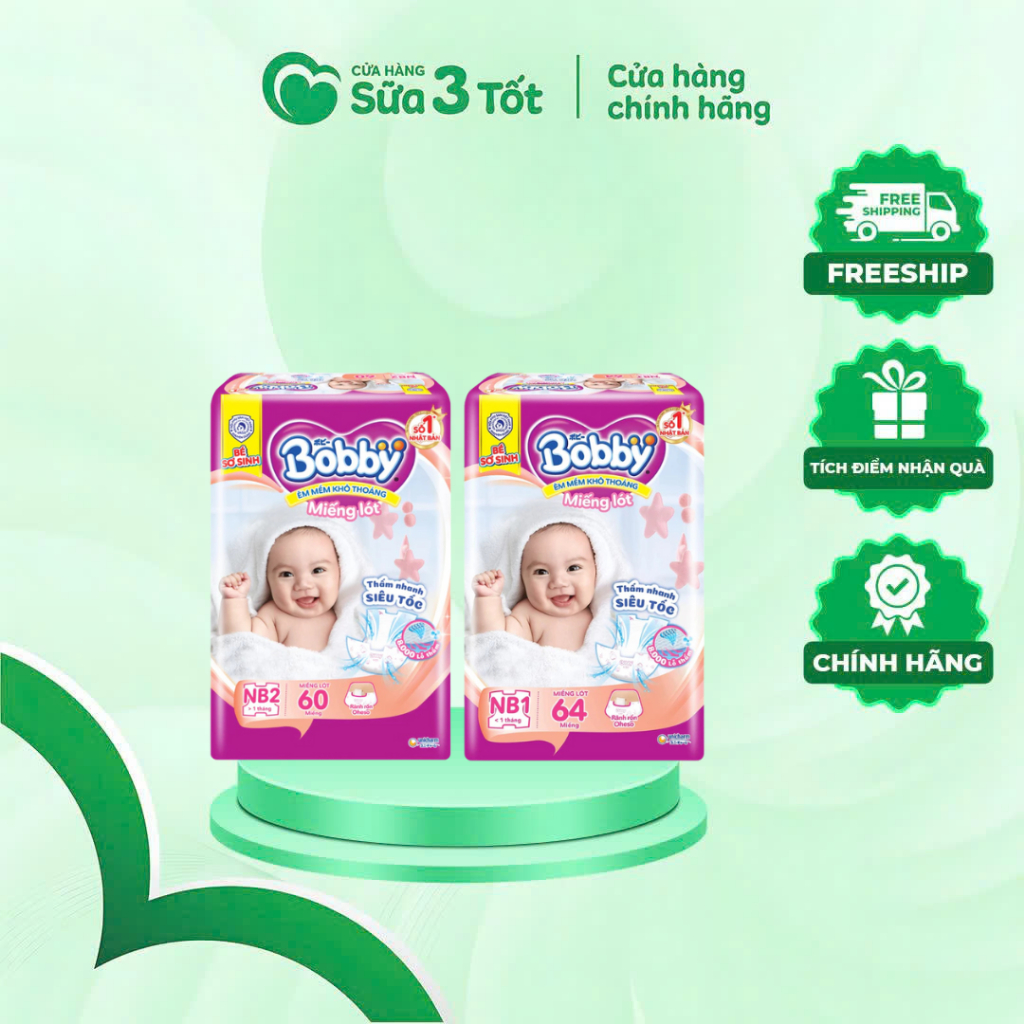 Bỉm Bobby - Miếng Lót -NB1 -64M (< 5Kg), NB2 -60M ( 1M+)