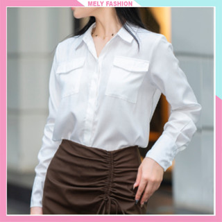 Áo sơ mi trắng Mely Fashion thô lụa nữ dài tay cổ đức vest form rộng túi vuông tay bồng 3 khuy công sở sang trọng ASM22