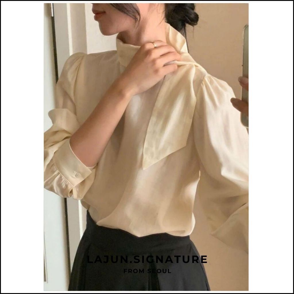 [LAJUN SIGNATURE] Áo Blouse Tie Hàn Quốc, Áo kiểu nữ tay dài phồng cổ đứng buộc dây chéo thanh lịch