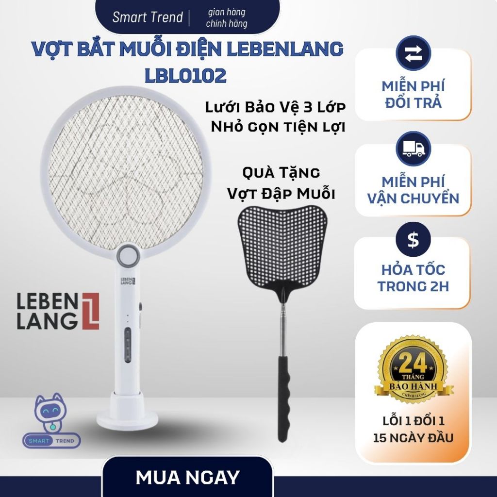 Vợt muỗi điện, Máy Bắt Muỗi Lebenlang LBL0102, công suất 3W Tặng vợt đập muỗi, an toàn khi sử dụng, 