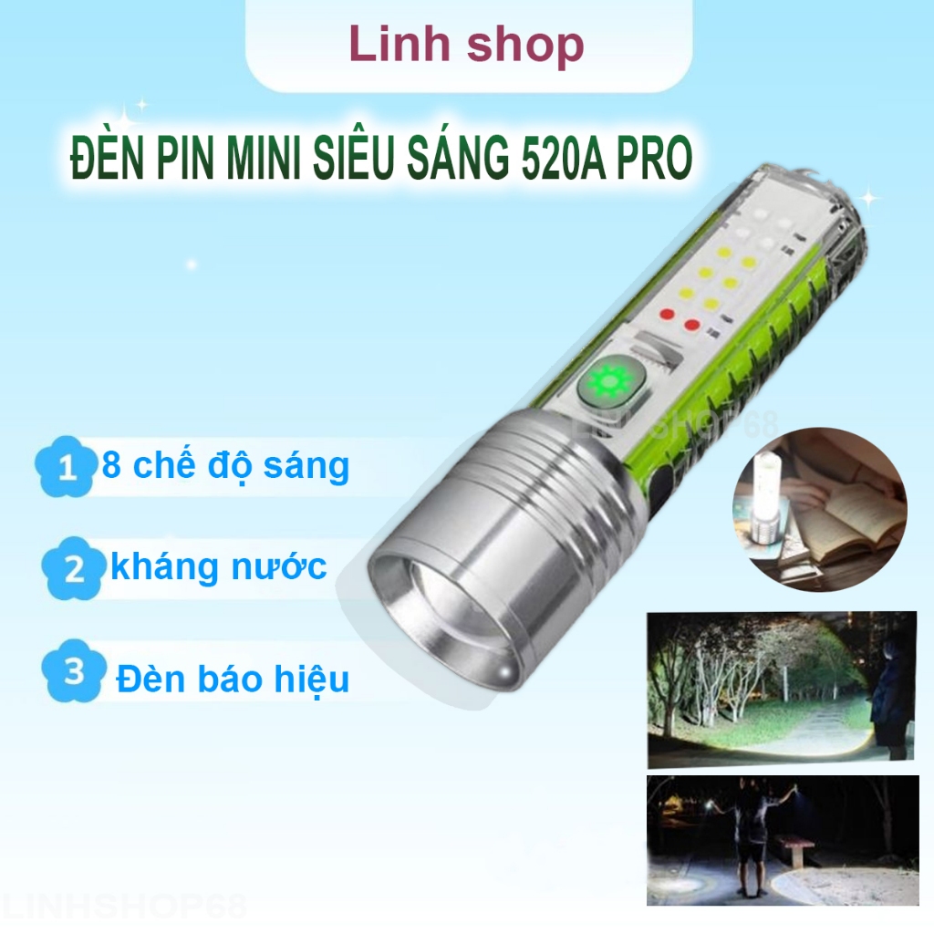 Đèn Pin 520A Pro Chiếu Gần Zoom Xa có nam châm 8 chế độ sáng Kháng Nước