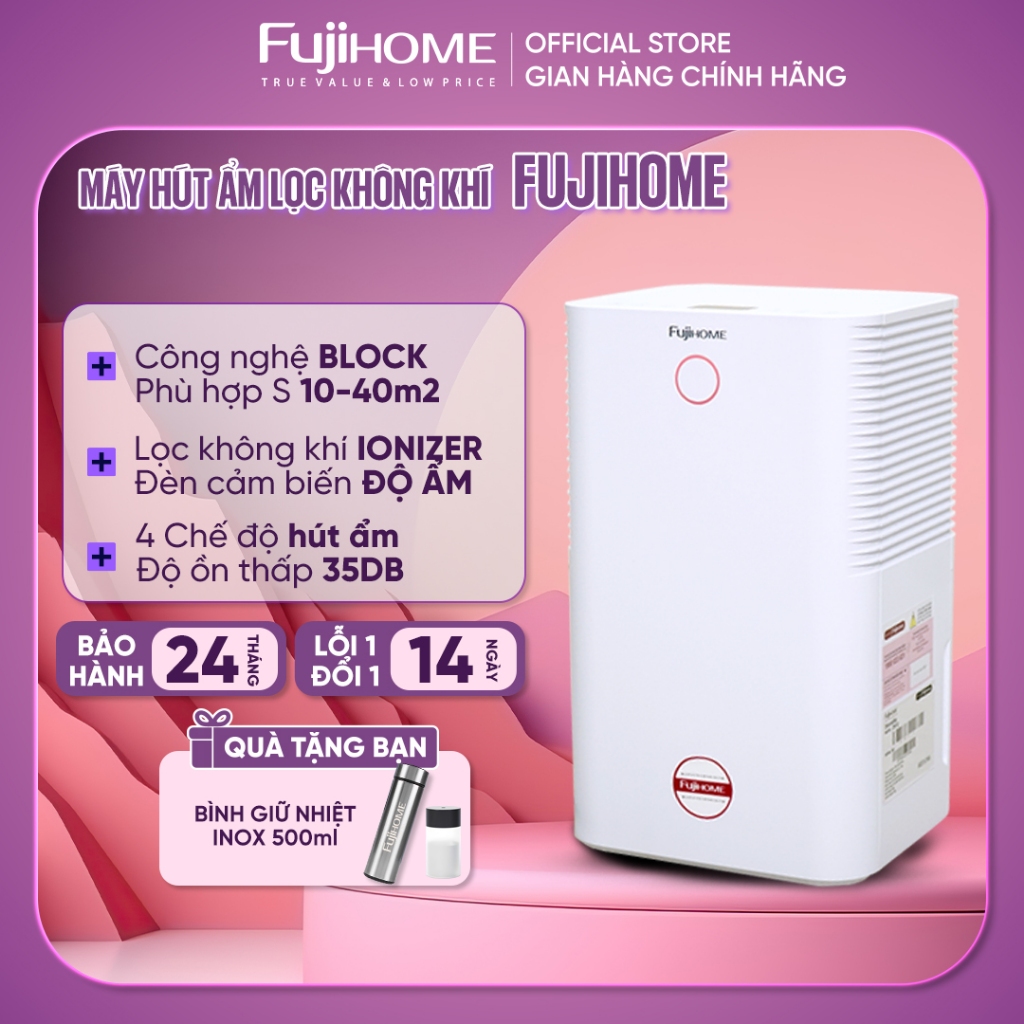 Máy hút ẩm lọc không khí 40m2 nhập khẩu FUJIHOME công nghệ máy nén, kết nối Wifi 12L/ngày đa năng phòng ngủ phòng khách