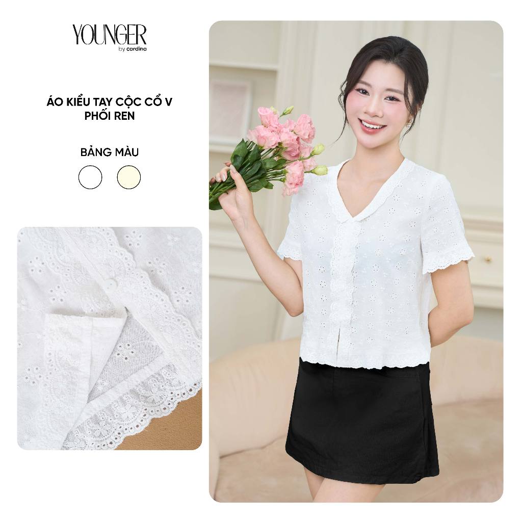 Áo kiểu nữ YOUNGER BY CARDINA tay cộc cổ V phối ren 5YAKC14